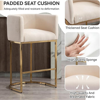 Contemporary Cream Linen Bar Stools Set of 2, 29" Upholstered Fabric Counter Height Barstools Kitchen Counter Island Stools with Screwed Together Golden Metal Base