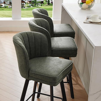 Swivel Counter Height Bar Stools Set of 3, 26'' Modern Barstools with Backs and Metal Legs, Upholstered Bar Chairs, Faux Leather Green Stools for Kitchen Island Chairs