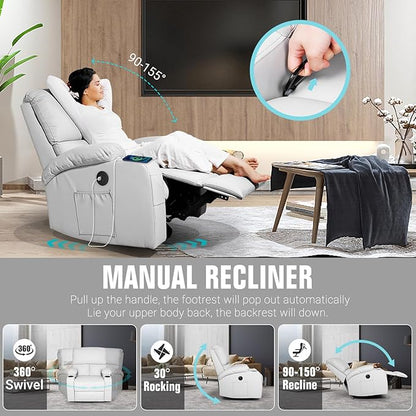 LEVELEVE Rocking Recliner Chair, Massage Rocker Recliner Chair with Vibration Massage and Heat, USB and Type-C Ports,360° Swivel Faux Leather Chairs, Living Room, Bedroom, Nursery, RV, Light Grey