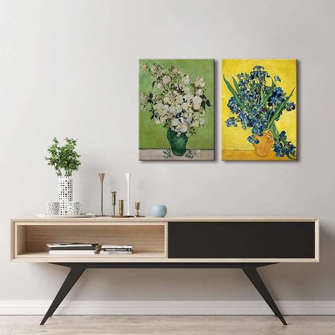 Wieco Art 2 Piece Irises in Vase Floral Canvas Prints Wall Art by Van Gogh Classic Artwork Famous Oil Paintings Reproduction on Canvas for Home Decor Modern Wrapped Flowers Pictures