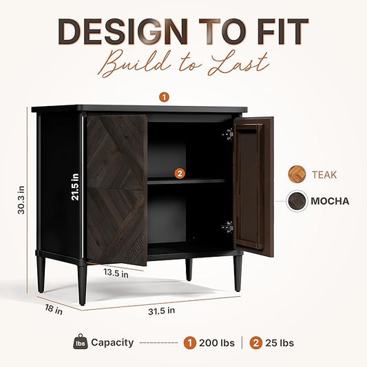 Lenia Solid Wood Storage Cabinet with Diamond Pattern Doors, Rustic Farmhouse Accent Cabinet for Living Room, or Entryway, Durable Acacia Wood, Mocha Black