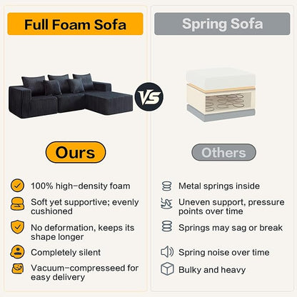 Boneless Sectional Sofa, 100.7" Cloud Couch with Wide-Wale Corduroy, Deep Seat L Shaped Couch, All-Foam Filled Compressed Sofa for Living Room (Black, Corduroy)