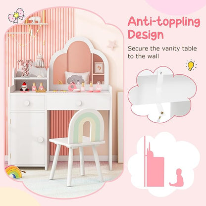 Costzon Kids Vanity, 2 in 1 Girls Vanity Set with Mirror, Drawers, Storage Shelf & Cabinet, Makeup Vanity Desk Dressing Table, Kids Vanity Table and Chair Set for Little Girls (White)