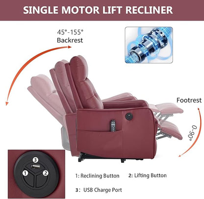 PELUMY Manual Lift Recliner Chair with Massage and Heat for Elderly, Single Motor Electric Lift Chair, Heavy Duty Recliner with USB Charging & Side Pockets (Breathable Leather, Red)