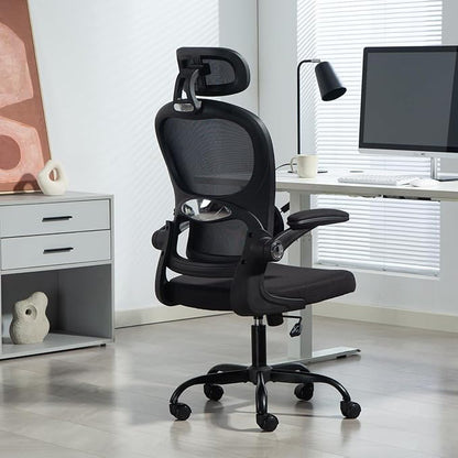 Yilaywain Ergonomic Office Chair, Home Office Desk Chair with Adjustable Headrest, High Back Computer Chair with Armrests and Lumbar Support for Home Office Study Room, Black & Gray (Black)