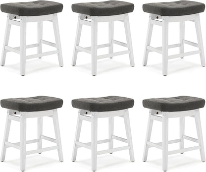 Counter Height Bar Stools Set of 6 for Kitchen Counter Farmhouse Modern Barstools with Faux Leather Upholstered Backless Seat and Solid Wood Legs 24 inch Bar Chairs, Grey + White