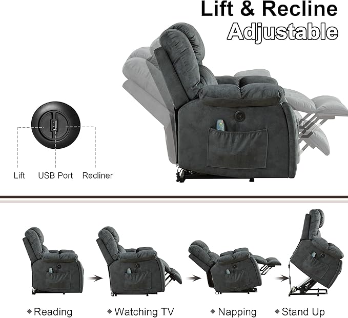 Bonzy Home Power Lift Recliner Chair with Massage and Heating, Lift Chairs Recliner for Elderly, Upholstered Comfy Power Lift Chair with 2 Hidden Cup Holders, Side Pockets, USB Port,Dark Grey