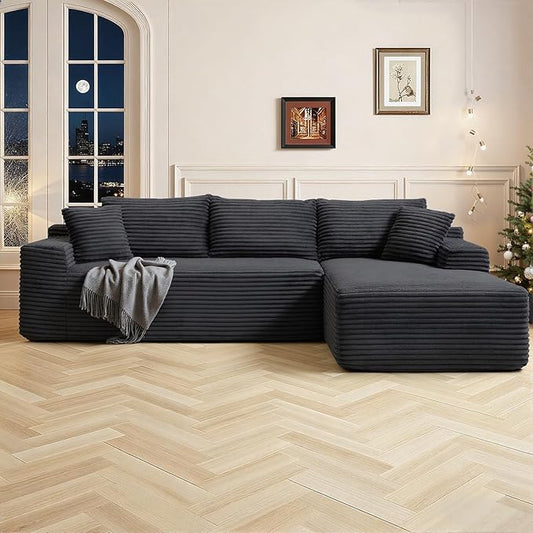 108" Cloud Sectional Couch,Modern Modular Sectional Sofa with Deep Seat,Corduroy Boneless Couches with L-Shape Chaise for Living Room,No Assembly Required (Black, Right Facing Chaise)