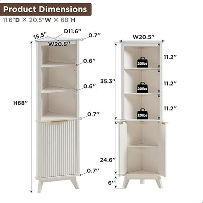 RedLemon 68" Tall Corner Cabinet, Modern Fluted Storage Cabinet with Faux Marble Top & Adjustable Shelves, Curved Profile Design, Space Saver for Bathroom, Living Room, Kitchen, Off White