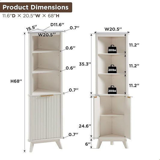RedLemon 68" Tall Corner Cabinet, Modern Fluted Storage Cabinet with Faux Marble Top & Adjustable Shelves, Curved Profile Design, Space Saver for Bathroom, Living Room, Kitchen, Off White