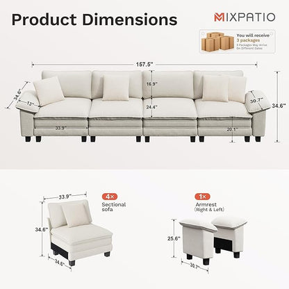 157.5" Cloud Modular Sectional Sofa, 4-Seater w/Deep Seat & Removable Arms, Plush Chenille for Living Room - Beige