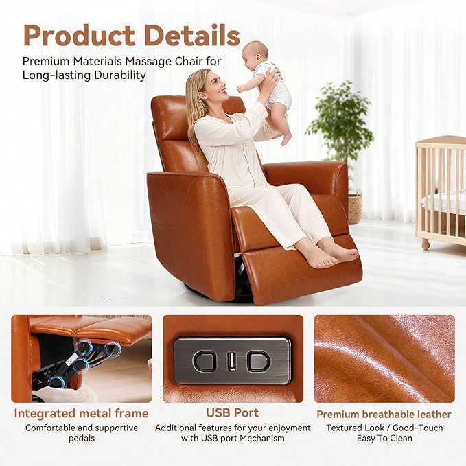 Himimi Power Recliner Chair, Swivel Recliner Chair for Adults, Glider Recliner Nursery Chair with Massage and Heat, Faux Leather, Side Pocket, USB Charging, Living Room, Bedroom, Orange-Brown