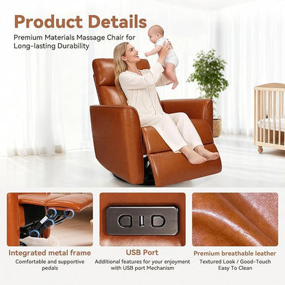 Himimi Power Recliner Chair, Swivel Recliner Chair for Adults, Glider Recliner Nursery Chair with Massage and Heat, Faux Leather, Side Pocket, USB Charging, Living Room, Bedroom, Orange-Brown