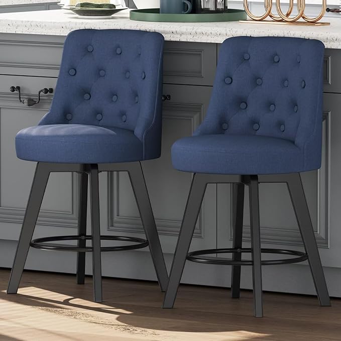MINCETA Set of 2 Upholstered Bar Stools - 26 Inch Swivel Counter Height Stools with Low Tufted Back, Footrest & Performance Fabric - Round Seat for Kitchen Island & Home Bar Blue