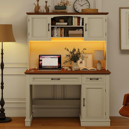 Vabches Farmhouse 47" Executive Desk with Hutch, 2 Drawers and LED Light, Computer Desk with Storage Cabinet and Charging Station,Workstation for Home Office and Study.Unique White