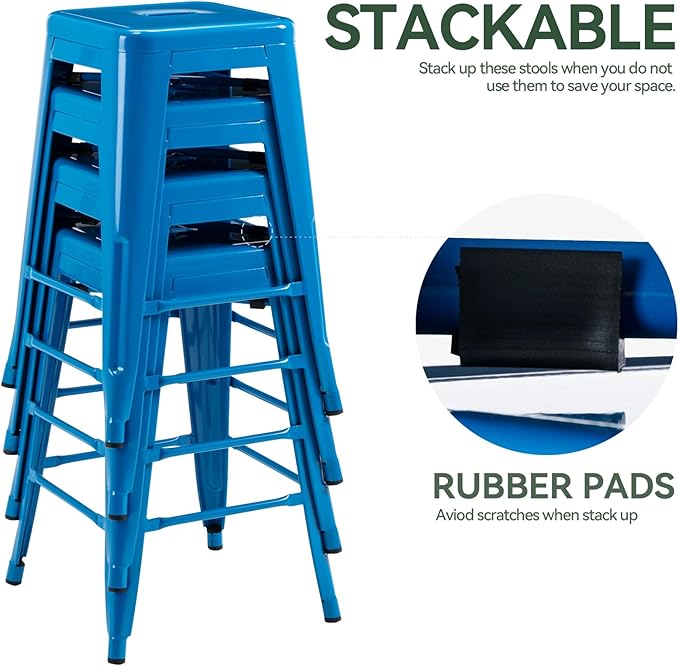 Vogue Furniture Direct 24 Inch Metal Bar Stools, Backless Counter Height Barstools, Indoor Outdoor Stackable Stools with Square Seat, Set of 4 (Blue)