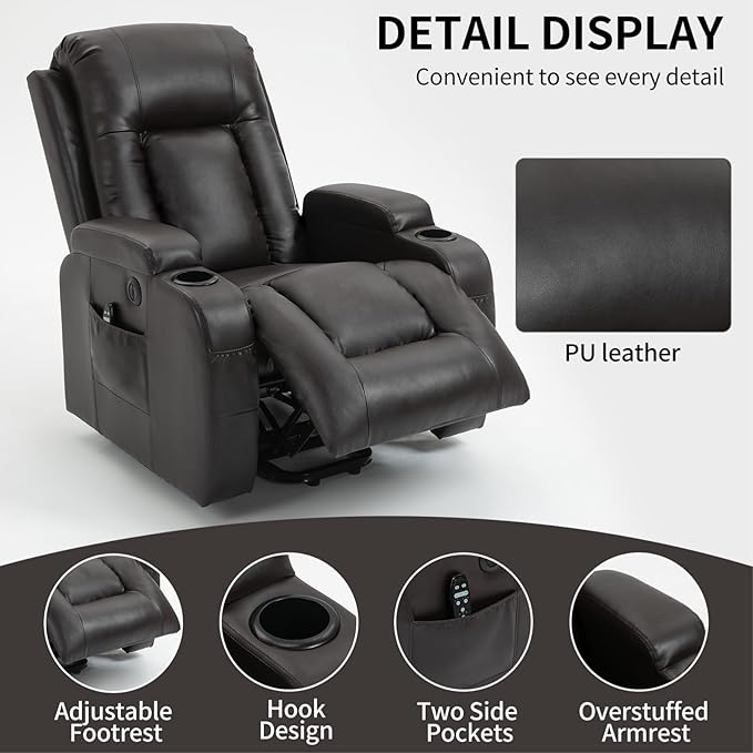 PELUMY Manual Lift Recliner Chair for Elderly with Massage & Heat, Oversized Heavy Duty 350 lbs Recliner with Cup Holders & USB Ports, Infinite Positioning Lift Chair (Breathable Leather, Dark Brown)