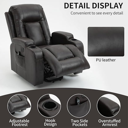 PELUMY Manual Lift Recliner Chair for Elderly with Massage & Heat, Oversized Heavy Duty 350 lbs Recliner with Cup Holders & USB Ports, Infinite Positioning Lift Chair (Breathable Leather, Dark Brown)