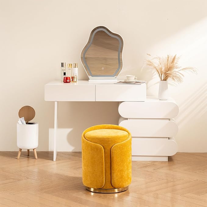 Swivel Vanity Stool with Gold Base Comfy Vanity Chair Modern Round Stool for Makeup Vanity Ottoman Foot Rest for Bedroom livingroom (Yellow)