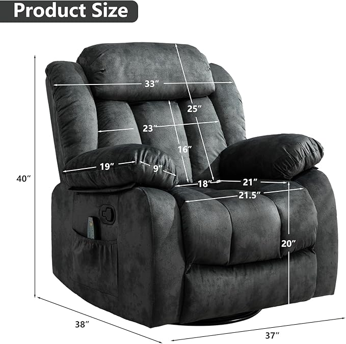 CANMOV Massage Swivel Rocker Recliner Chair with Heat and Vibration, 360 Degree Swivel Manual Recliners Antiskid Fabric Single Sofa Heavy Duty Reclining Chair for Living Room, Grey Green