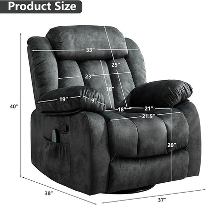 CANMOV Massage Swivel Rocker Recliner Chair with Heat and Vibration, 360 Degree Swivel Manual Recliners Antiskid Fabric Single Sofa Heavy Duty Reclining Chair for Living Room, Grey Green