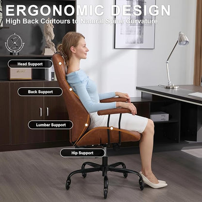 Home Office Desk Chair, Ergonomic High Back Leather Computer Chair with Lumbar Support, Adjustable Height & Recline, Swivel Executive Office Chair with Armrests and Rubber Casters, Brown