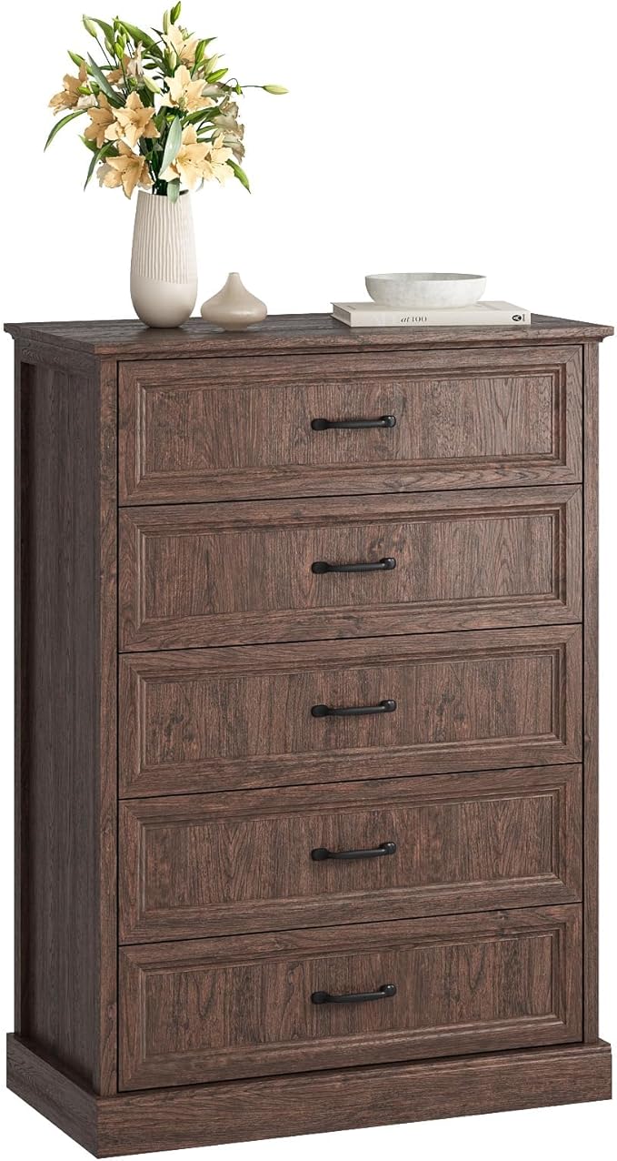 CARPETNAL Farmhouse 5 Drawers Dresser for Bedroom, 44" Tall Brown Dresser Wood Rustic Chest of Drawers with Wide Metal Handle,Natural Texture,Drawer Organizer for Bedroom,Living Room,Hallway