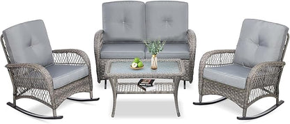 VIVIJASON 4-Piece Outdoor Patio Wicker Conversation Sets, All Weather Outdoor Rattan Furniture Set Includes Glider Loveseat, Coffee Table, 2 Rocking Chairs with Cushions for Backyard, Grey