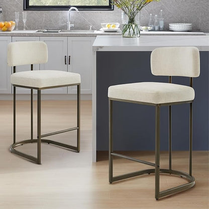26" H Counter Height Bar Stools Set of 2, Modern Linen Fabric Upholstered Barstools with Backrest for Kitchen Island, Gold Metal Frames, Linen
