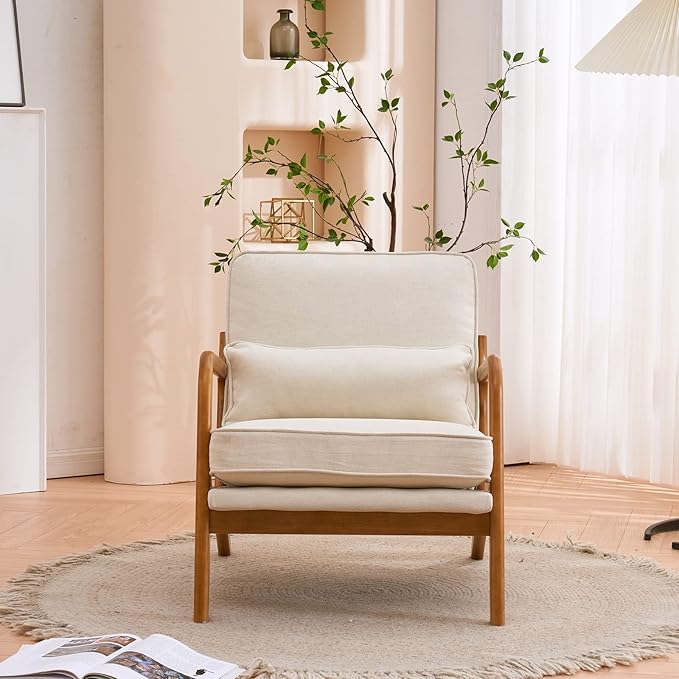 Karl home Accent Chair Mid-Century Modern Chair with Pillow Linen Fabric Upholstered Lounge Arm Chair with Solid Wood Frame & Soft Cushion for Living Room, Bedroom, Balcony, Beige
