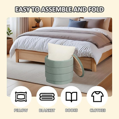 PINPLUS Round Velvet Ottoman Tray, Sage Upholstered Decorative Accent for Footstool or Coffee Table, Removable Serving Surface