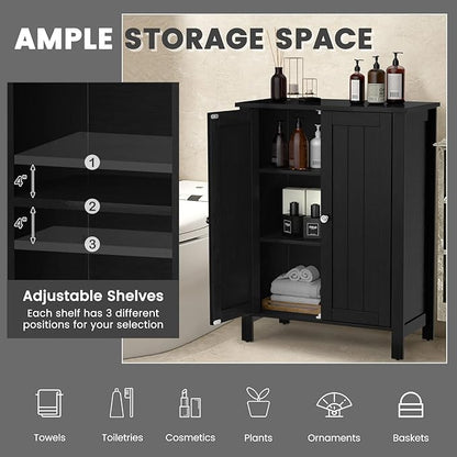 COSTWAY Bathroom Floor Cabinet - Freestanding Side Storage Organizer with Double Doors & Adjustable Shelf, Wooden Storage Cabinet for Living Room, Bedroom, Kitchen, Entryway (Black)