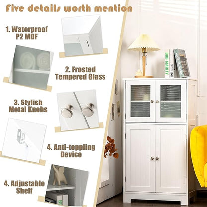 LOKO Bathroom Floor Cabinet, Storage Cabinet with Glass Doors, Wooden Kitchen Cupboard with Adjustable Shelf, Versatile Floor Storage Cabinet for Bathroom, Living Room & Kitchen (White)