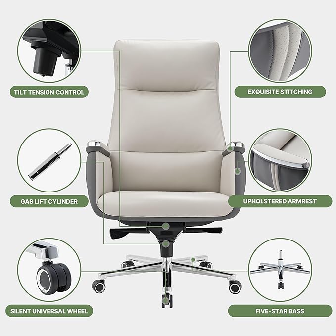 EUREKA ERGONOMIC Royal II Executive Office Chair High Back, Big and Tall with Extra Wide Seat, Silicone Leather Desk Chair Computer Chair, Modern Office Chair Home Office Desk Chairs - Beige Gray