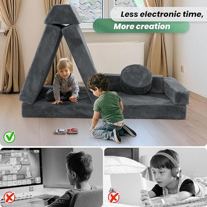 HOMFINE 16pcs Modular Kids Play Couch, Kids Toddler Couch, Child Sectional Sofa, Versatile Kid Sofa for Playroom Bedroom, Convertible Foam and Floor Cushion for Boys and Girls, Grey
