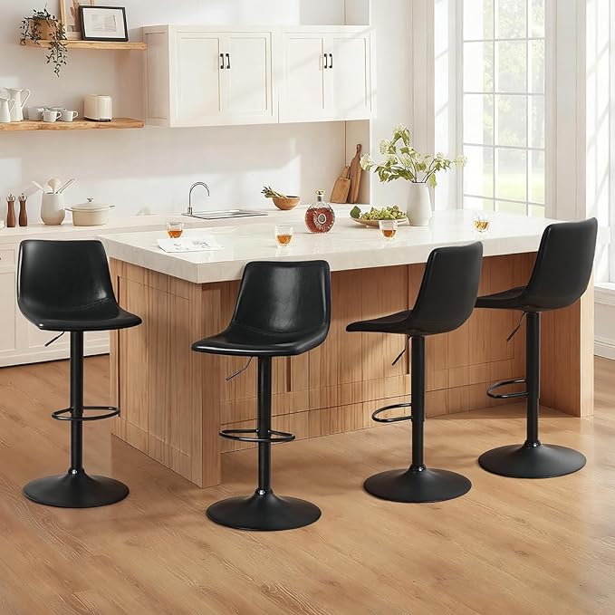 Lemebri Bar Stools Set of 4, Modern Adjustable Swivel Barstools Counter Height with Backrest, Faux Leather Upholstered Bar Chair for Kitchen Island, Whisky, Black