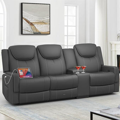 Recliner Sofa, 2 - Way Multi - Function Manual 3 Seater Couch with Cup Holders, Storage & USB Ports, Modern Multifunctional Sofa, Breathable Grey PU Leather Reclining Couch for Living Room