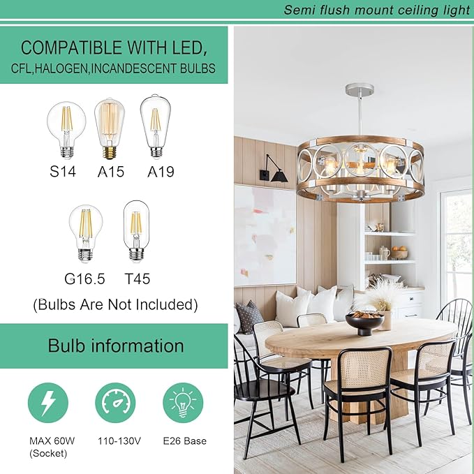 Flush Mount Ceiling Light Fixture Ceiling Mount,5 Light 19.7" Silver Drum Chandelier Rustic Farmhouse Chandelier Modern Pendant Light Fixtures for Kitchen Lighting Fixture