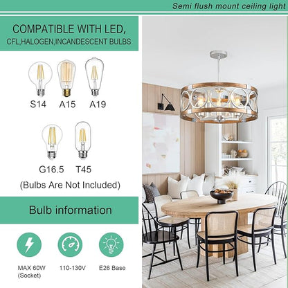 Flush Mount Ceiling Light Fixture Ceiling Mount,5 Light 19.7" Silver Drum Chandelier Rustic Farmhouse Chandelier Modern Pendant Light Fixtures for Kitchen Lighting Fixture