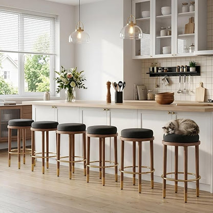 26'' Rustic Backless Bar Stools, Counter Height Chairs Set of 6, Round Kitchen Stools for Island, Farmhouse Charcoal Linen Upholstered Wood With Hardwood Legs and Footrest