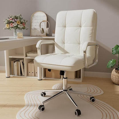 White Office Chair with Soft Leather, Swivel Computer Home Office Desk Chair with Wheels and Padded Arms, Adjustable Height and Tilt
