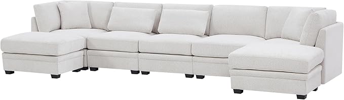 Christopher Knight Home Zery 7-Piece U-Shape Lounge Sofa Couch with Ottomans, Modern Modular Sectional Sofa Set with Pillow Back for Living Room, Chenille Upholstered Cloud Couch with Deep Seat,Beige