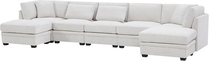 Christopher Knight Home Zery 7-Piece U-Shape Lounge Sofa Couch with Ottomans, Modern Modular Sectional Sofa Set with Pillow Back for Living Room, Chenille Upholstered Cloud Couch with Deep Seat,Beige
