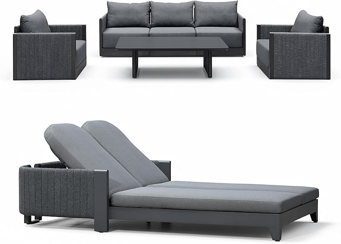 PURPLE LEAF Patio Furniture Set with 2 Person Lounge Chair 7 Pieces Outdoor Conversation Sets PP Rope Patio Sofa with Cushions and Table Deep Seating Furniture for Porch Lawn Backyard Gray