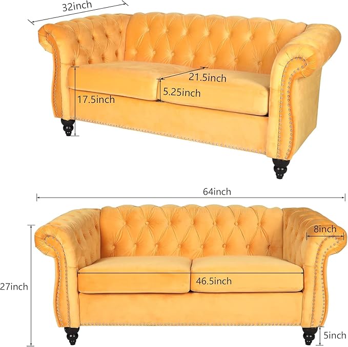 Chesterfield Loveseat Sofa, Modern Velvet Small Sofa Couch 2 Seater with Rolled Arms and Nailhead, Mid Century Modern Loveseat Couch for Small Spaces Living Room Bedroom Apartment, Yellow