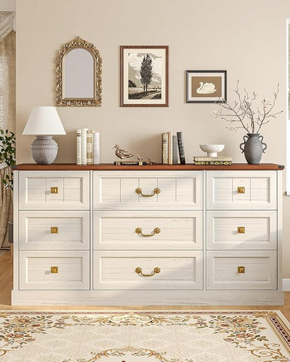 AOGLLATI Farmhouse 9 Drawers Dresser for Bedroom, 63" Wide Wood Rustic Chest of Drawers with Natural Texture, Vintage Design, Long Wide Storage Dresser for Bedroom, Antique White