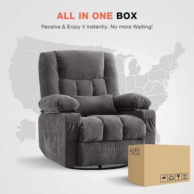 BOSMILLER Massage Swivel Rocker Recliner Chair with Vibration Massage and Heat Ergonomic Lounge Chair for Living Room with Rocking Function and Side Pocket, 2 Cup Holders, USB Charge Port