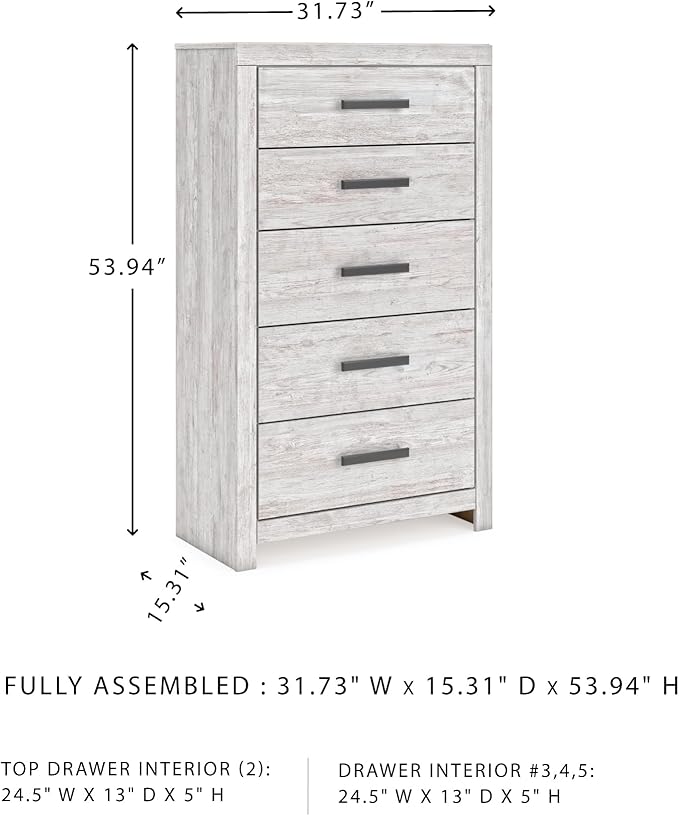 Signature Design by Ashley Cayboni Vintage 5 Drawer Wide Chest with Safety Stop for Bedroom, White