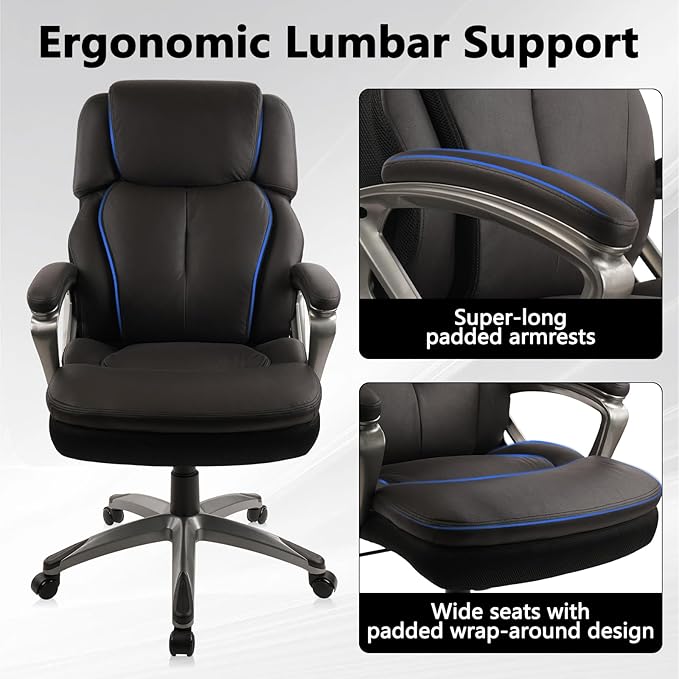CLATINA Big and Tall Executive Office Chair, Extra Wide Seat, 500 LBS Capacity Heavy Duty Ergonomic Cloth Desk Chair with Wheels and Padded Armrests, High Back Fabric Computer Task Chair, Black