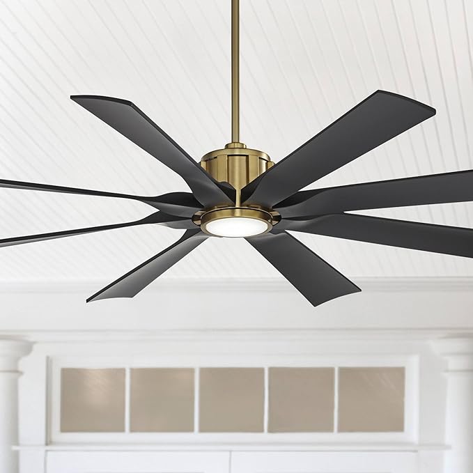 Possini Euro Design 60" Defender Modern Outdoor Ceiling Fan with LED Light Remote Control Soft Brass Matte Black Damp Rated for Patio Exterior House Home Porch Gazebo Garage Barn